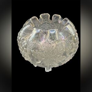 Vintage Dugan Clear Iridescent Carnival Glass Grape Delight Footed Rose Bowl